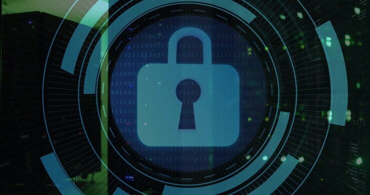 Animation of security padlock icon on round scanner against computer server room