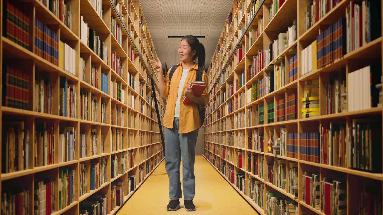 cuerpo lleno de estudiante mujer asiática con una mochila y algunos libros sonriendo y señalando a un lado mientras estaba de pie en la biblioteca