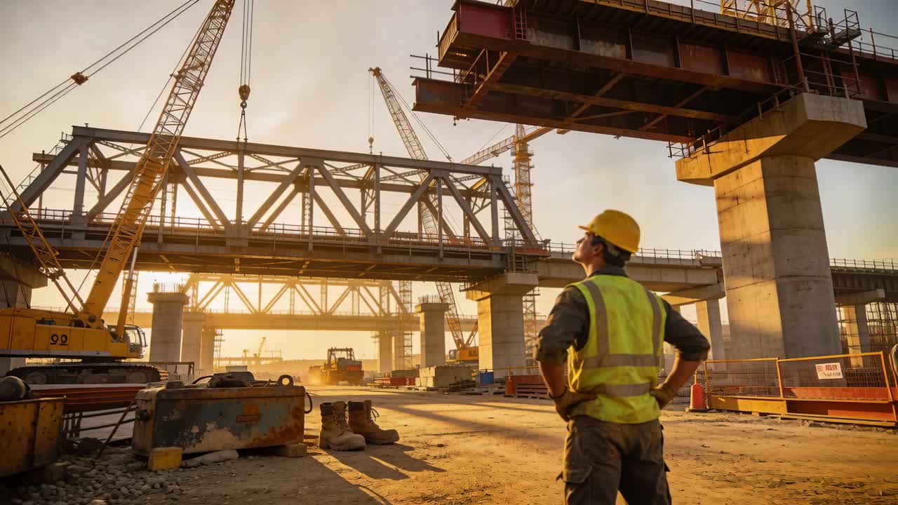 Caposquadra con elmetto che guida una gru che abbassa una travatura reticolare di ponte allineandola sul cantiere, con spazio per il testo.