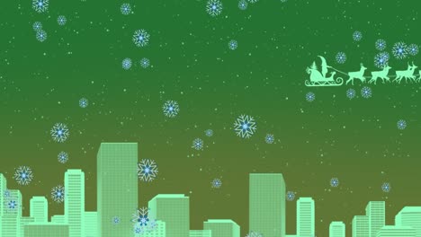 Animation-of-snowflakes-falling-over-santa-claus-in-sleigh-pulled-by-reindeers-and-cityscape