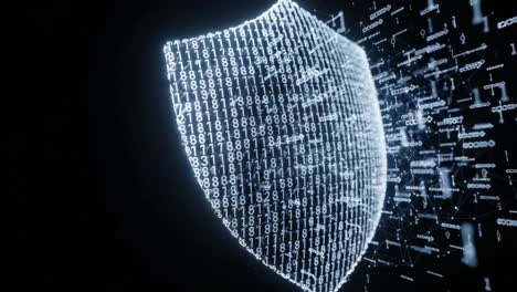 a high-tech digital shield representing cybersecurity, featuring a dynamic display of data and numbers in a darkened environment for enhanced protection visualization