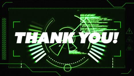 animation of thank you text over hud screen with computer language and radar circle