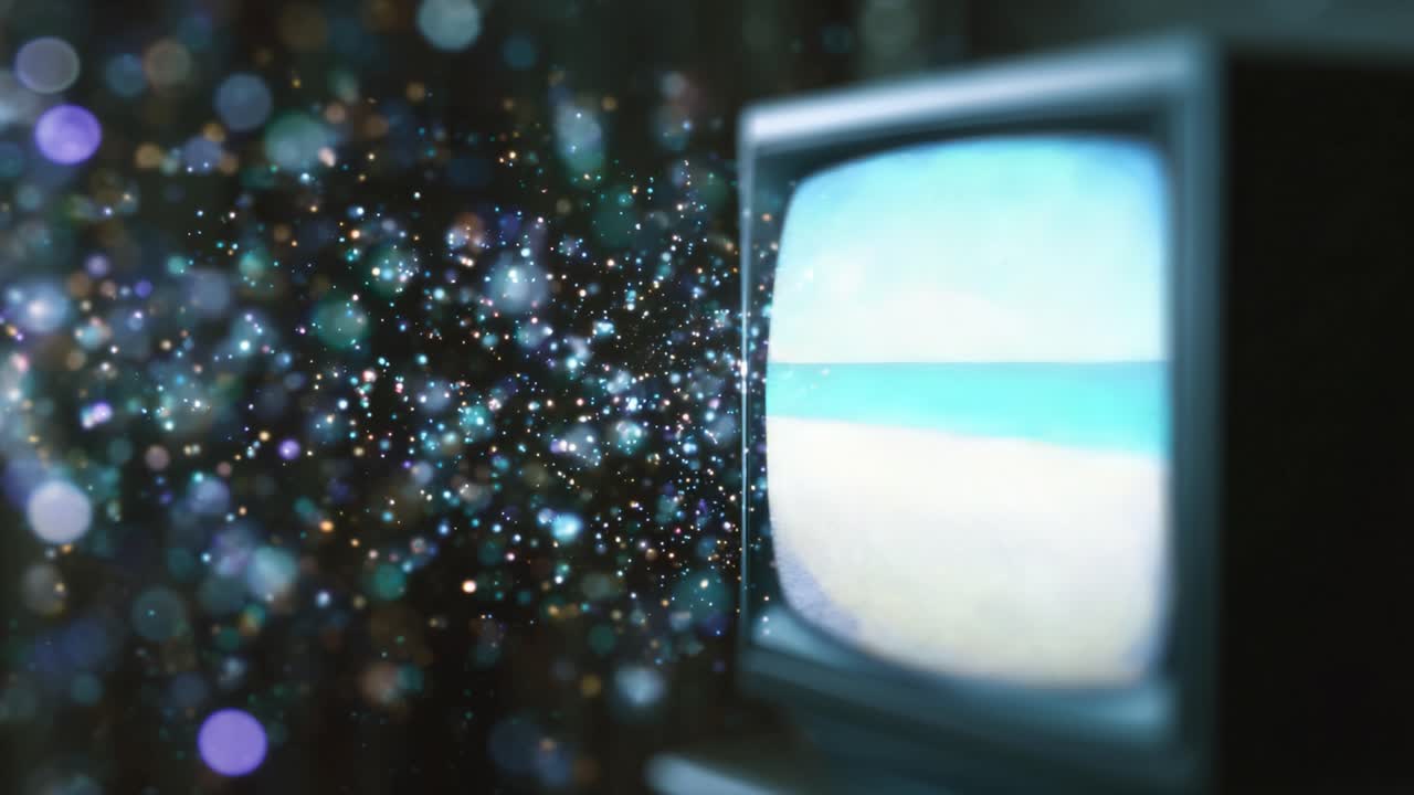 En betagende overgang fra abstrakte kosmiske billeder til en fredfyldt strandscene, der fremhæver fantasiens kraft og landskabernes tiltrækningskraft gennem et vintagefjernsyn