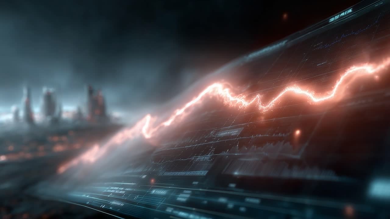 A Futuristic Data Visualization Moment Demonstrating Dynamic Trends and Insights with Bright, Glowing Graphs Against a Moody Urban Landscape Background