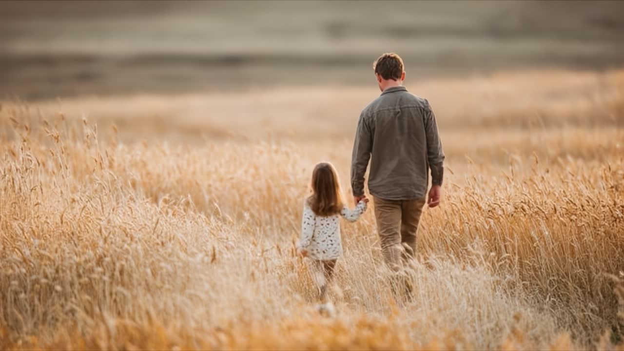 Viaggio Emozionante: Un padre e una figlia passeggiano in un campo soleggiato, abbracciando la natura e l'un l'altro in un bellissimo momento insieme.
