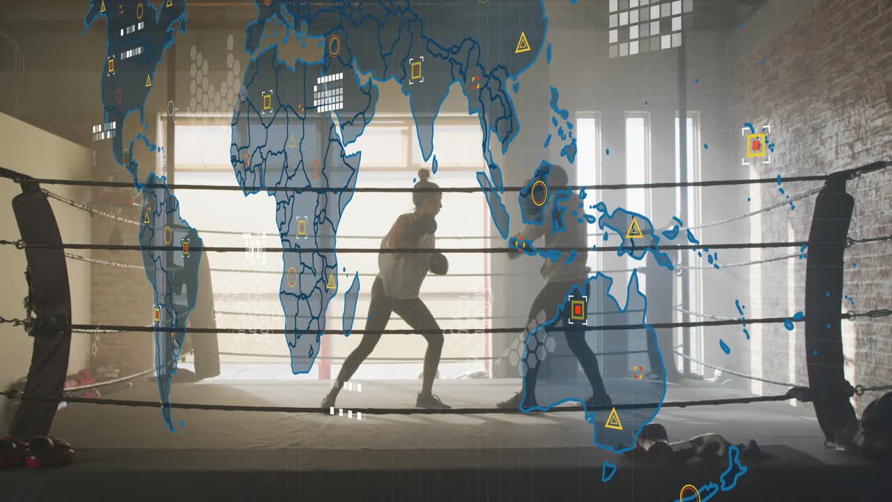 Male and female boxers sparring in sports gym, HUD map overlay fading in, tracking footwork