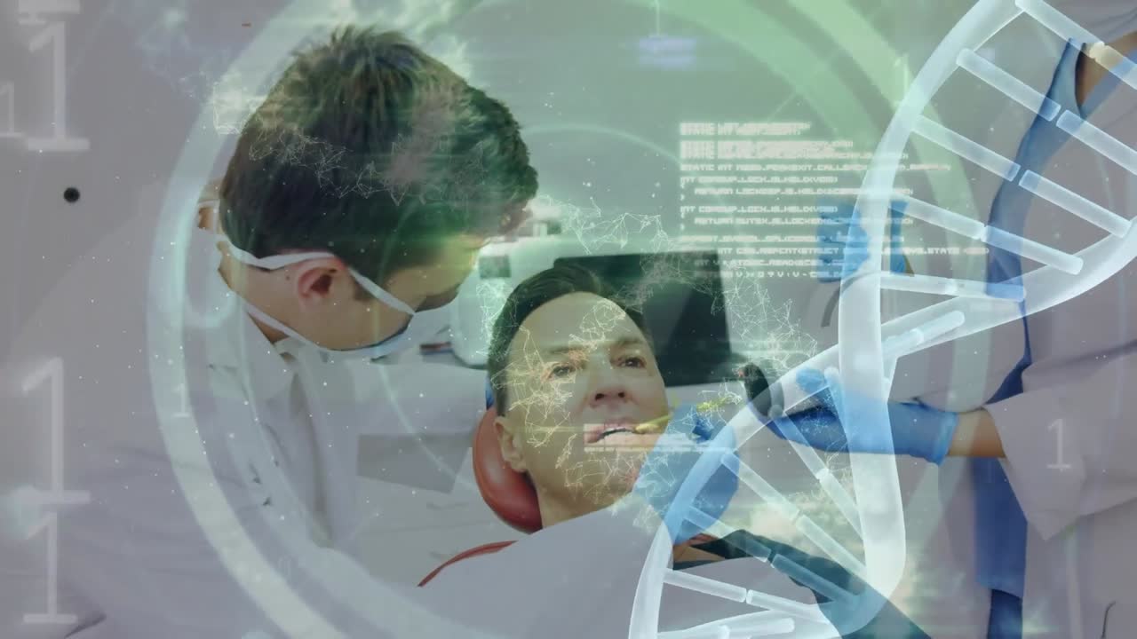 코카시안 남성 치과의사와 치과의사 사이의 dna 가닥 스피닝과 데이터 처리 애니메이션