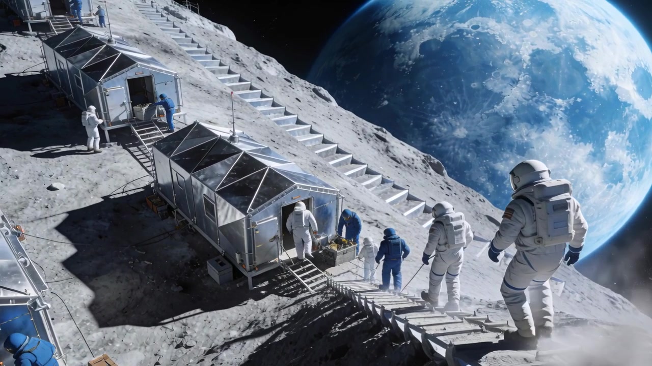 Coordinamento, equipaggio in tute bianche e tute blu che trasporta carico lungo la passerella lunare nei moduli.