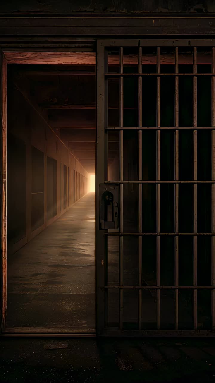 Vertical video: Holding camera, revealing metal barred gate ajar at cell corridor with warm light