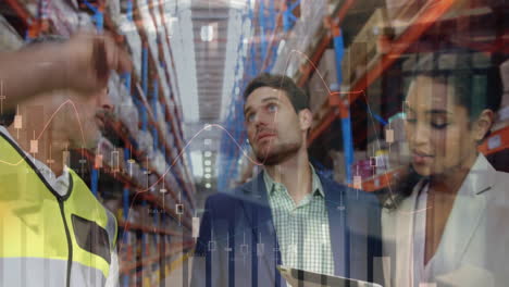 animation of financial data processing and diverse workers in warehouse