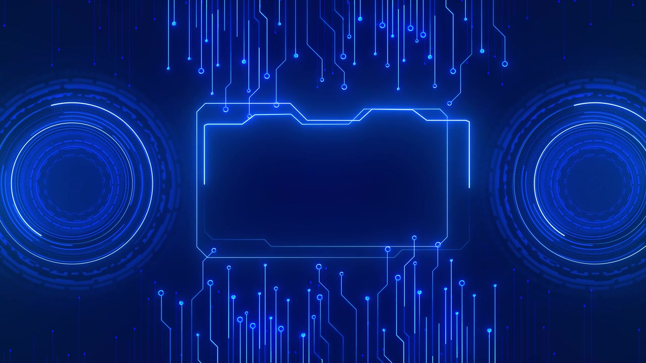 Cyan digital interface frame visual with clean empty panel glowing circuit borders and side scanner