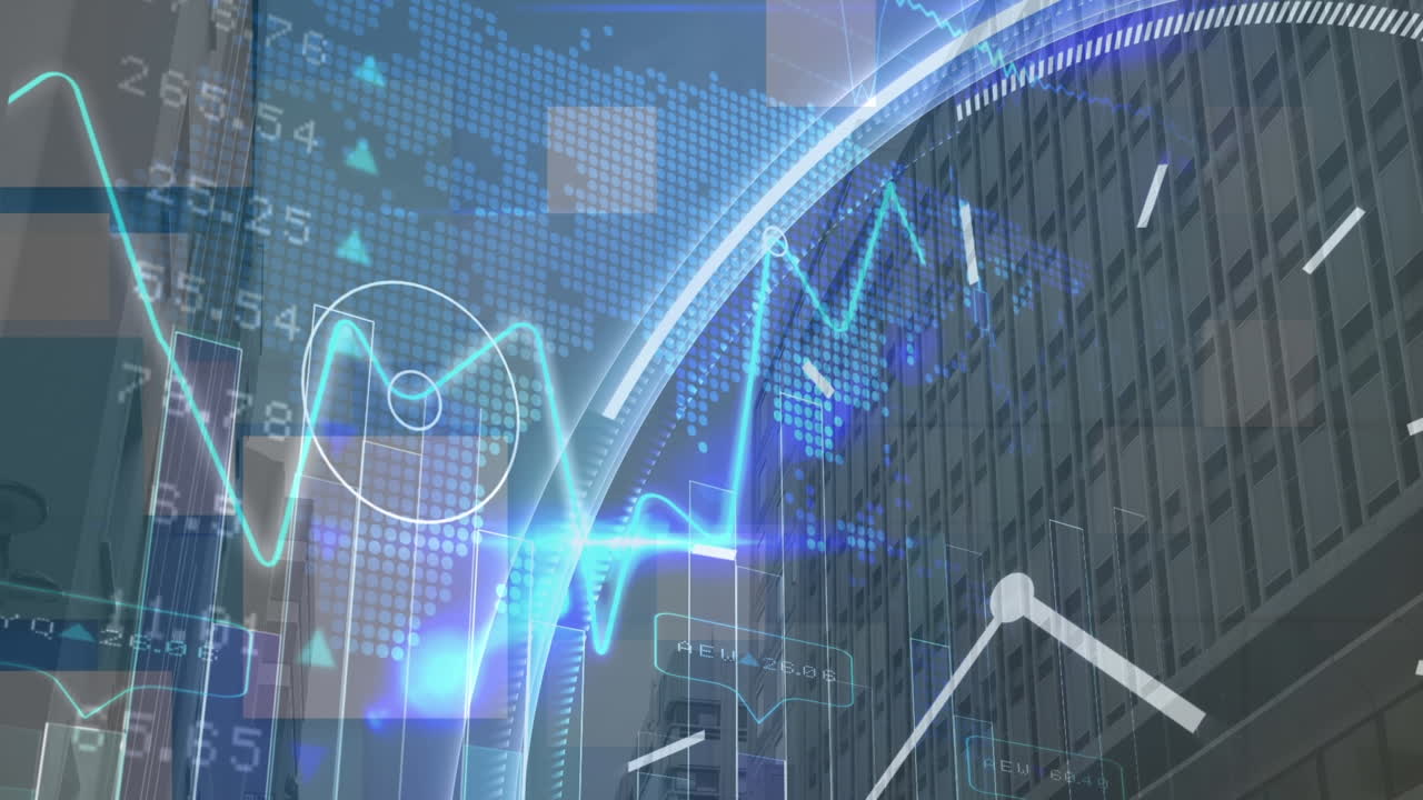 Animation of statistical, stock market data processing, world map, ticking clock over tall building