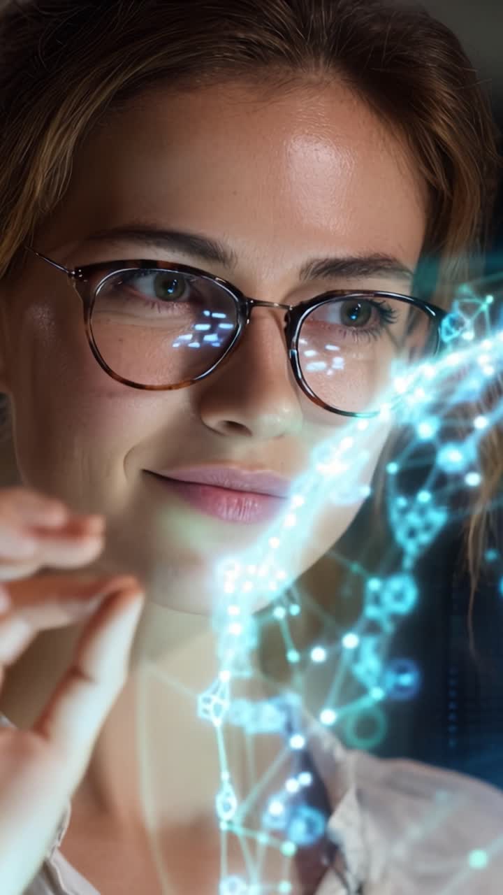 Una joven concentrada con gafas, interactuando con tecnología futurista, rodeada de elementos digitales dinámicos, reflejando concentración y curiosidad en su expresión.