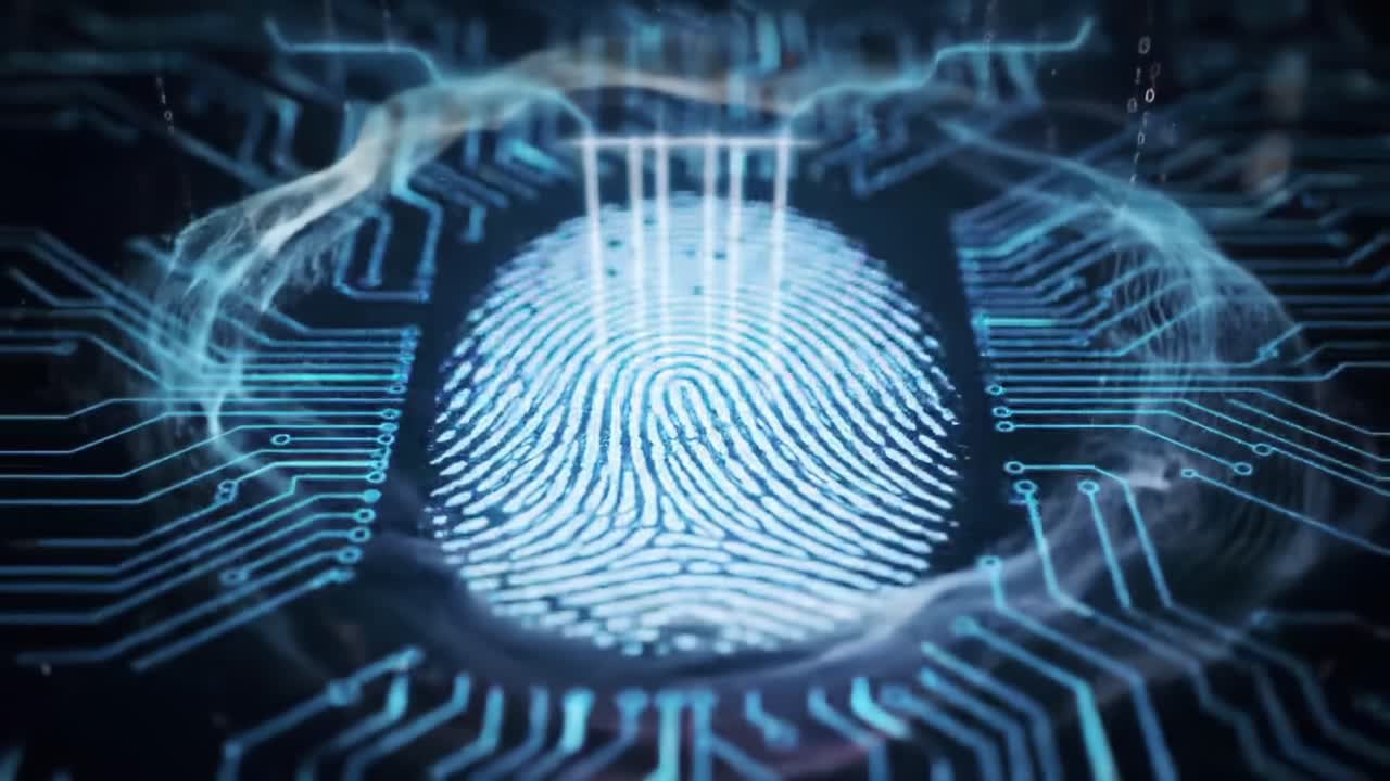 Exploration of Digital Security: A Focused Look at a Fingerprint Surrounded by Circuit Patterns Representing Advanced Technology and Cybersecurity Developments