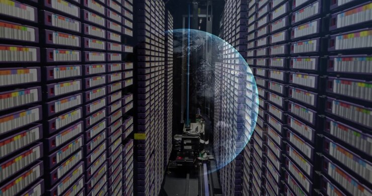 Animation of a globe against computer server room