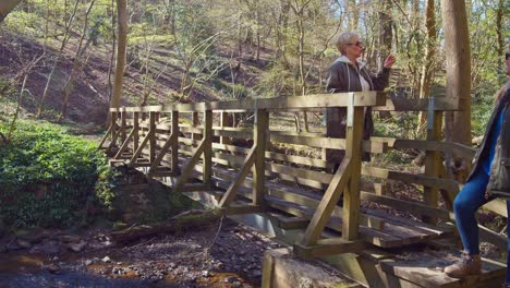 females walking across a wooden bridge in forest talking to each other daytime early summer north yorkshire uk.