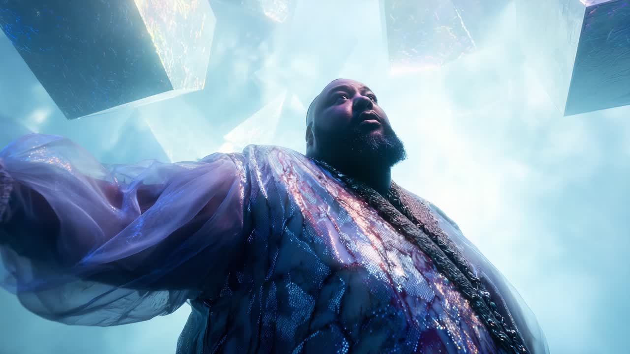 A Captivating Visual Journey: Ethereal Imagery of a Man in a Sparkling Garment Surrounded by Floating Geometric Shapes in a Dreamlike Atmosphere