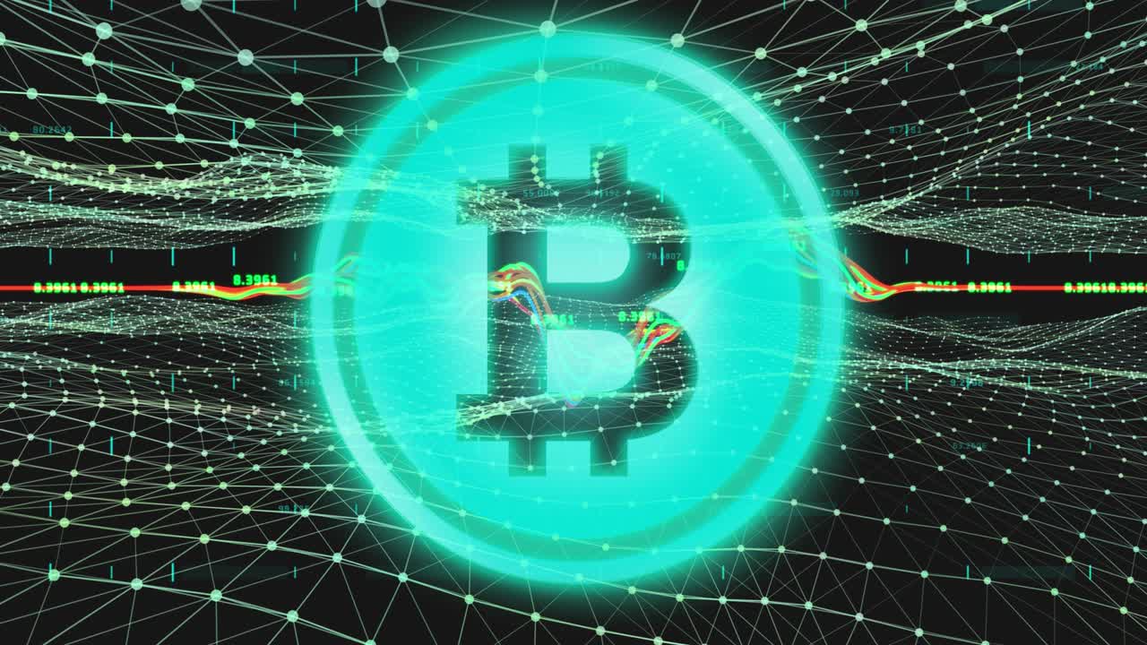 Bitcoin symbol over financial data processing against digital waves.