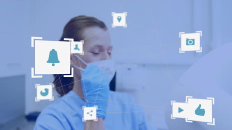 medical professional wearing gloves, social media icons and connections animation over