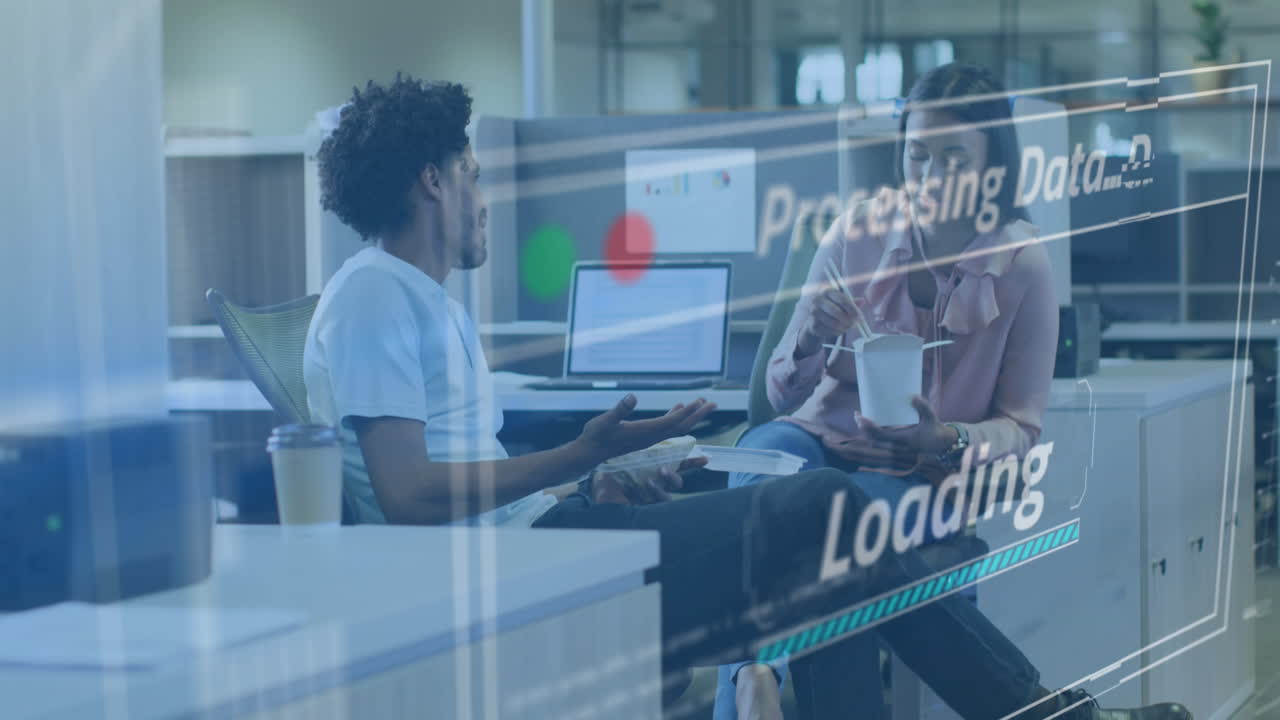 Animation of financial data processing over diverse business people working in office