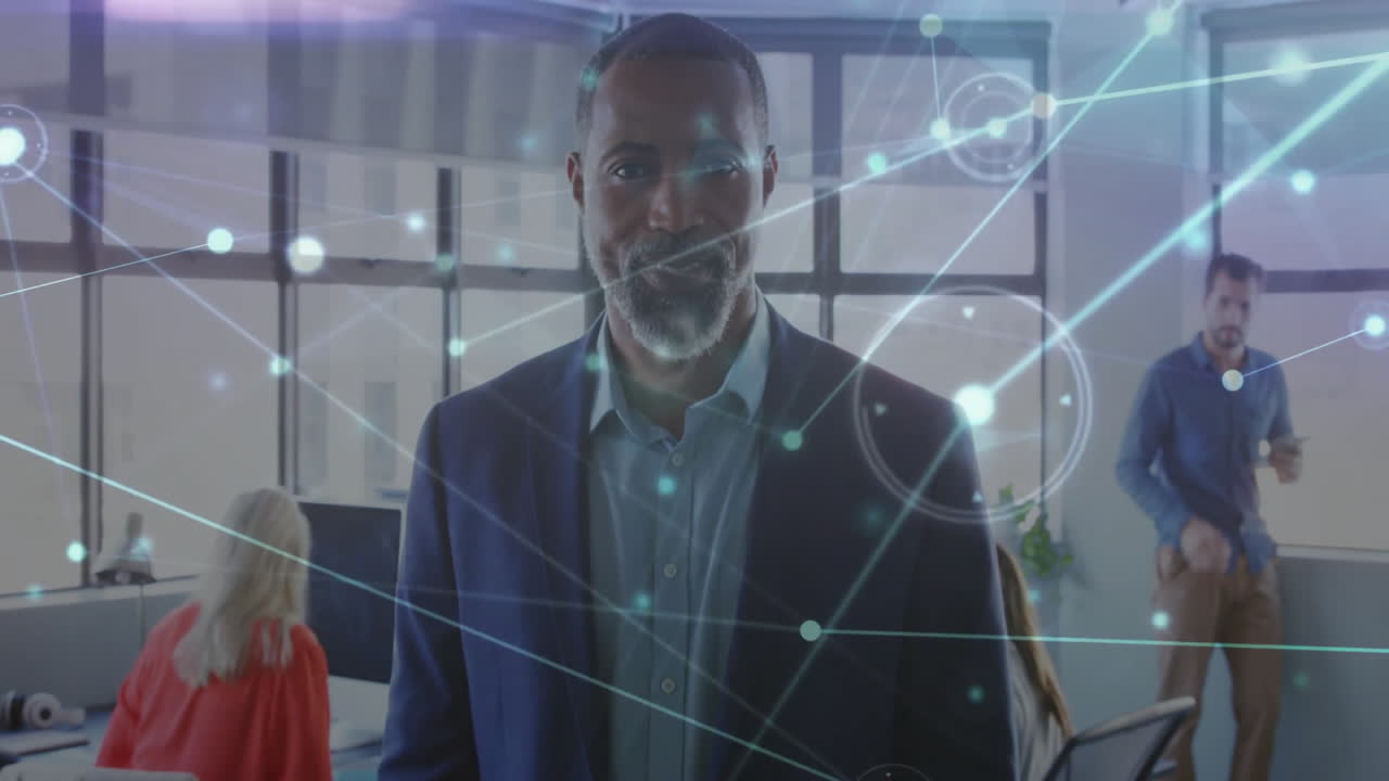 Business professionals in office with digital network connections overlay animation
