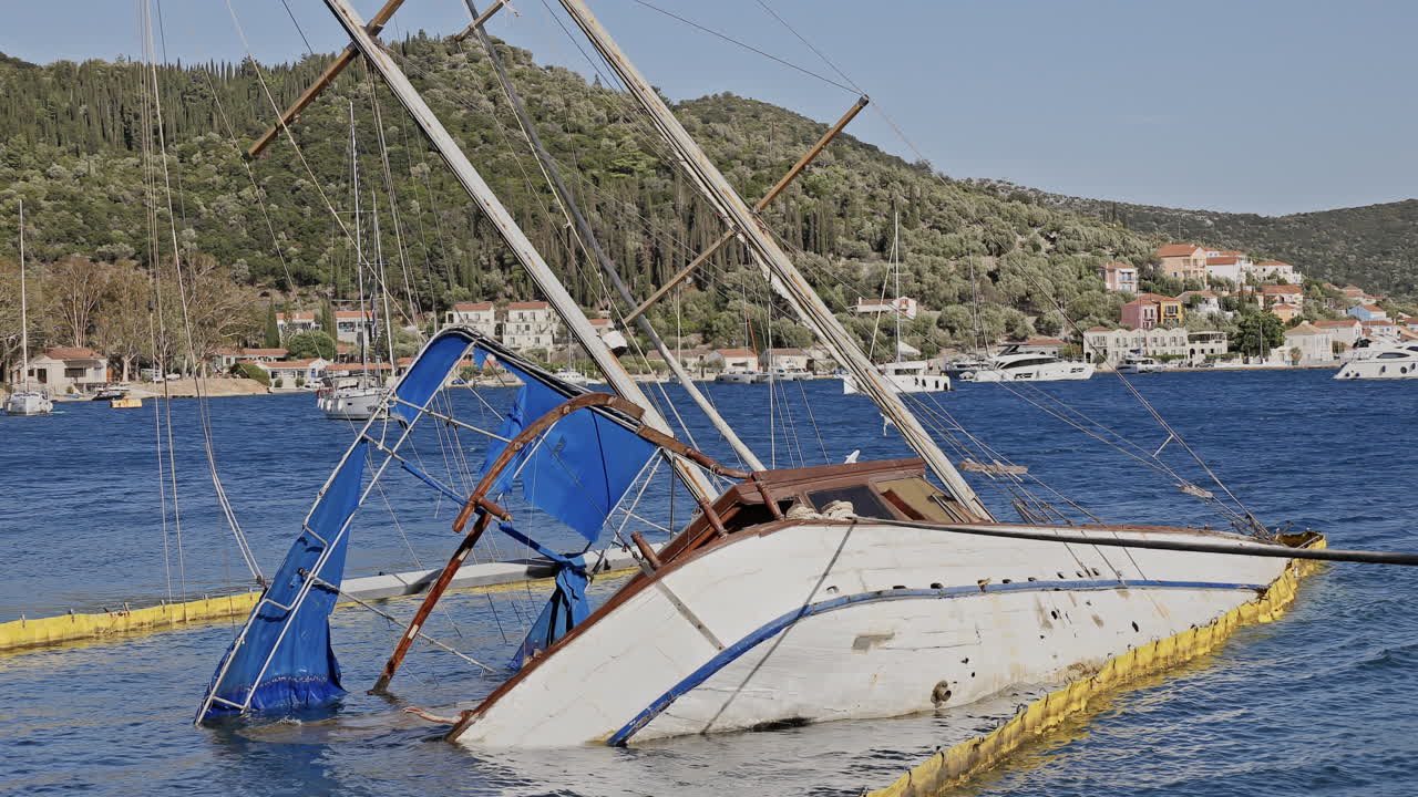 sunken yacht on the rocky coast in ithaca, greece