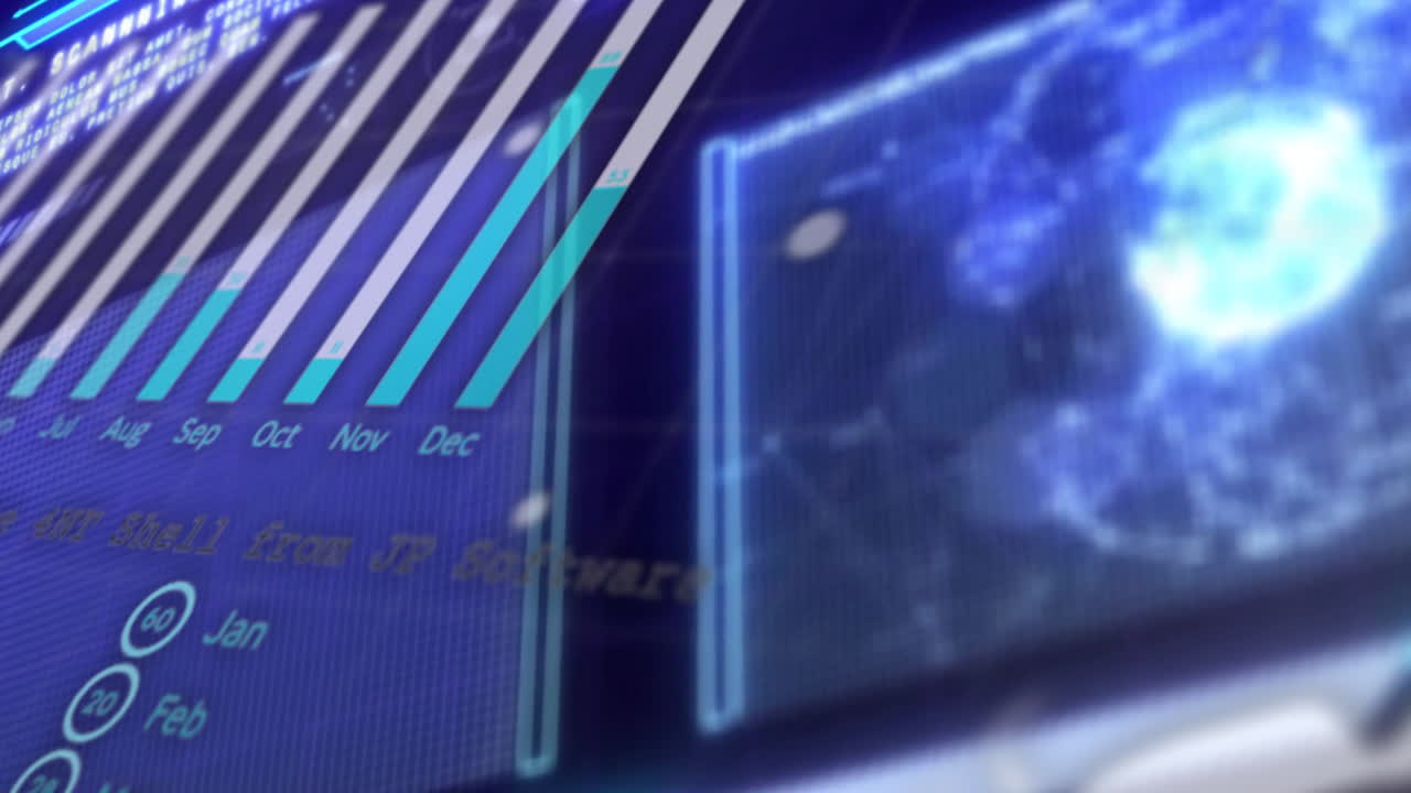 Digital graphs and world map animation showing data analysis and trends