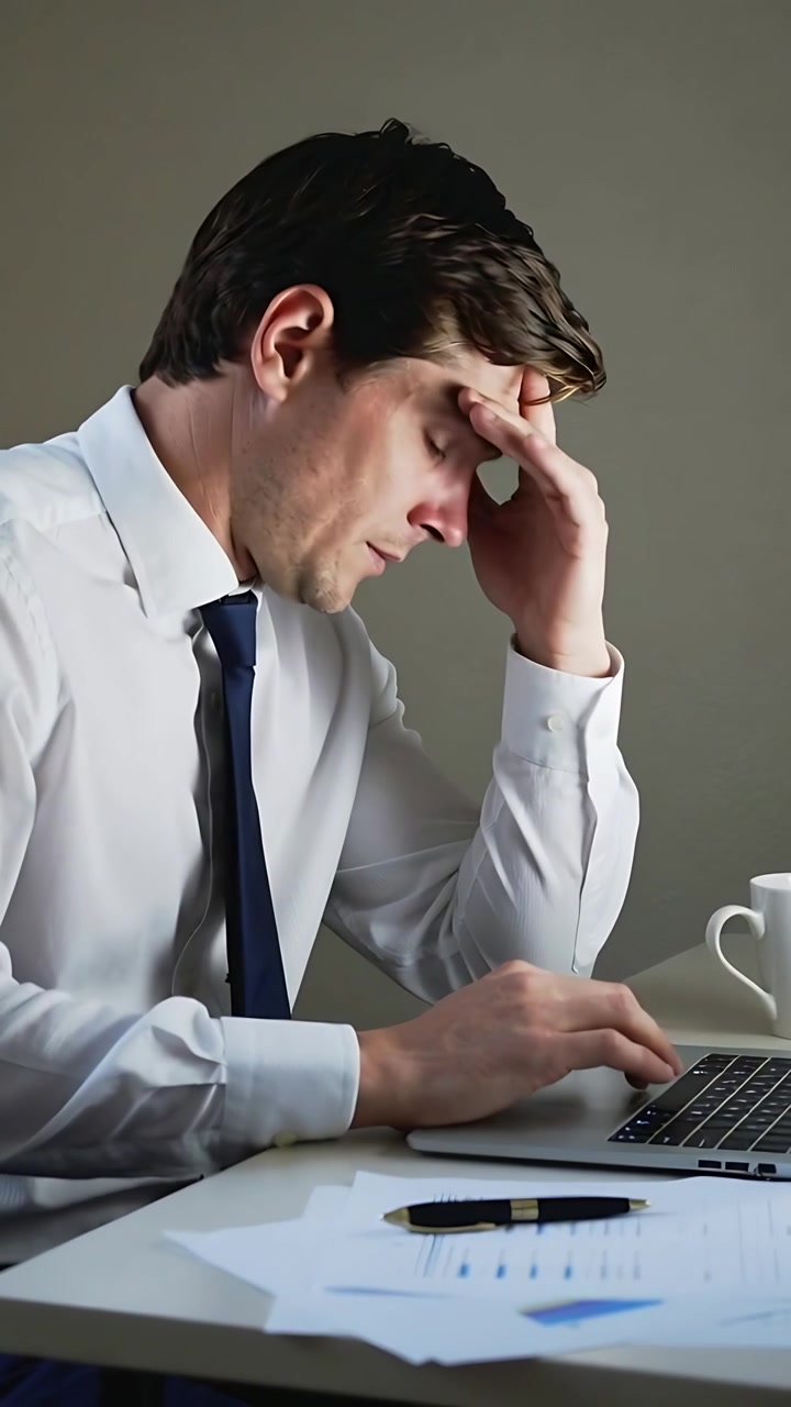Video verticale: Uomo in camicia e cravatta che legge grafici, digita sul laptop alla scrivania, si strofina la tempia, analizzando.