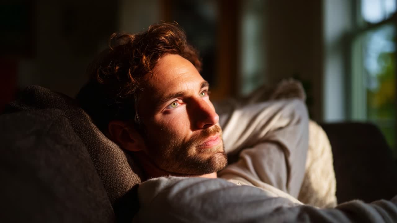 En ettertenksom mann ser tankefullt ut av vinduet, opplyst av gyllent sollys, og reflekterer over livet mens han slapper av på en koselig sofa i rolige omgivelser.
