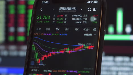 real-time stock trading investor, trader or broker using crypto exchange platform app smartphone analysing exchange market chart investing money financial market mobile screen with cell phone in hands