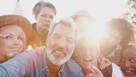 POV-Aufnahme-Einer-Gruppe-Reifer-Freunde,-Die-Auf-Einem-Campingplatz-Im-Freien-Für-Ein-Selfie-Posieren