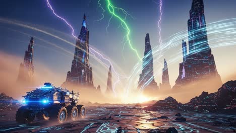 futuristic exploration vehicle in a surreal landscape with towering structures and dramatic lightning – a journey through an electric world of adventure and discovery
