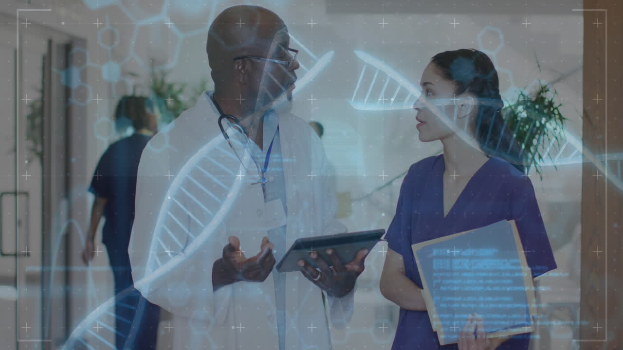 Animation of dna strand and data processing over diverse doctors