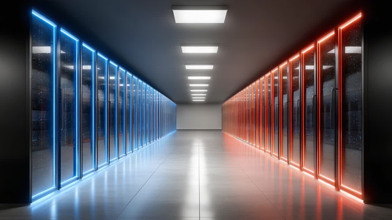 Una Vista Mozzafiato di un Moderno Corridoio di Data Center con Accenti di Luce Blu e Rossa, Caratterizzato da Eleganti Rack di Server e un Layout Ampio e Simmetrico