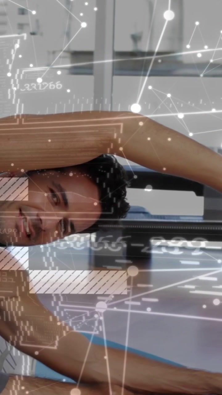 Vertical video: Man doing side bend on blue mat, reaching then sweeping arm, fitness nodes tracking