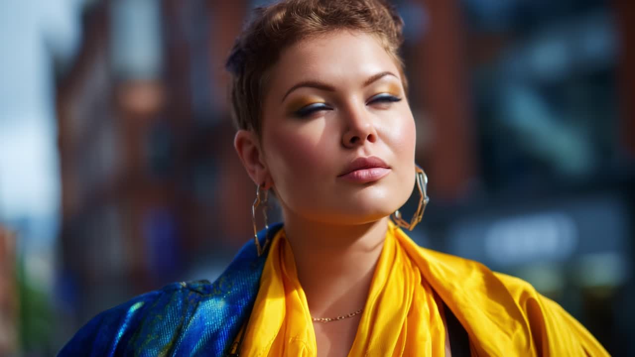 Giovane donna sicura di sé in vivaci abiti gialli e blu in posa per la fotocamera, che emana forza e stile in un ambiente urbano con luce naturale che ne esalta i lineamenti
