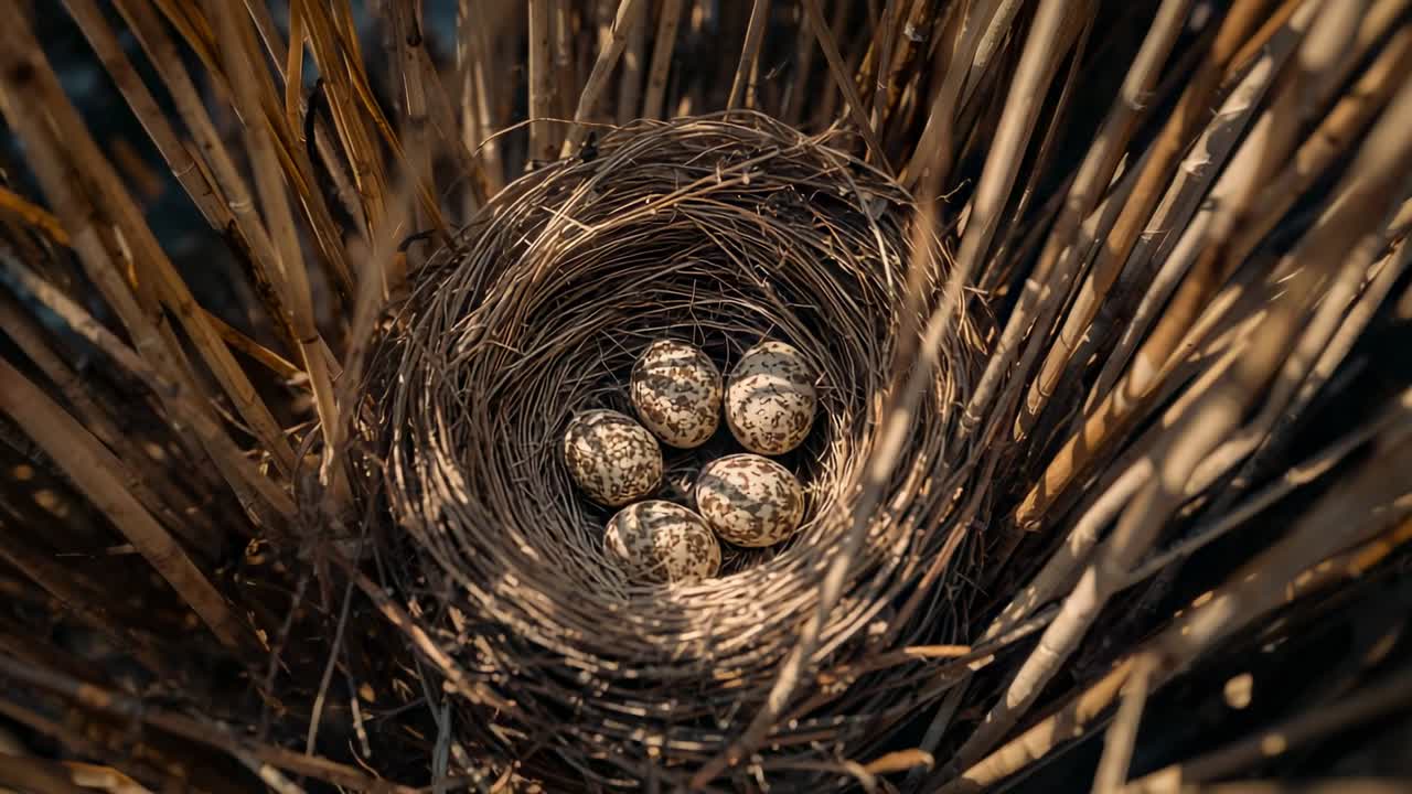 Reagerer på lysskifte, toppmontert kamera avslører et vevd fuglerede i en myr med fem flekkete egg.