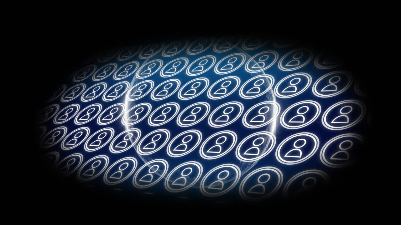 animación de una cuadrícula de viñetas de iconos de personas que se mueven por el mundo