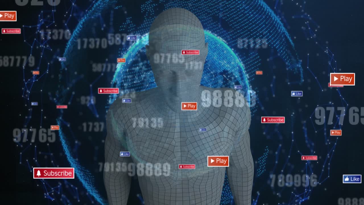 animación de iconos de medios y procesamiento de datos sobre humanos y globos digitales.