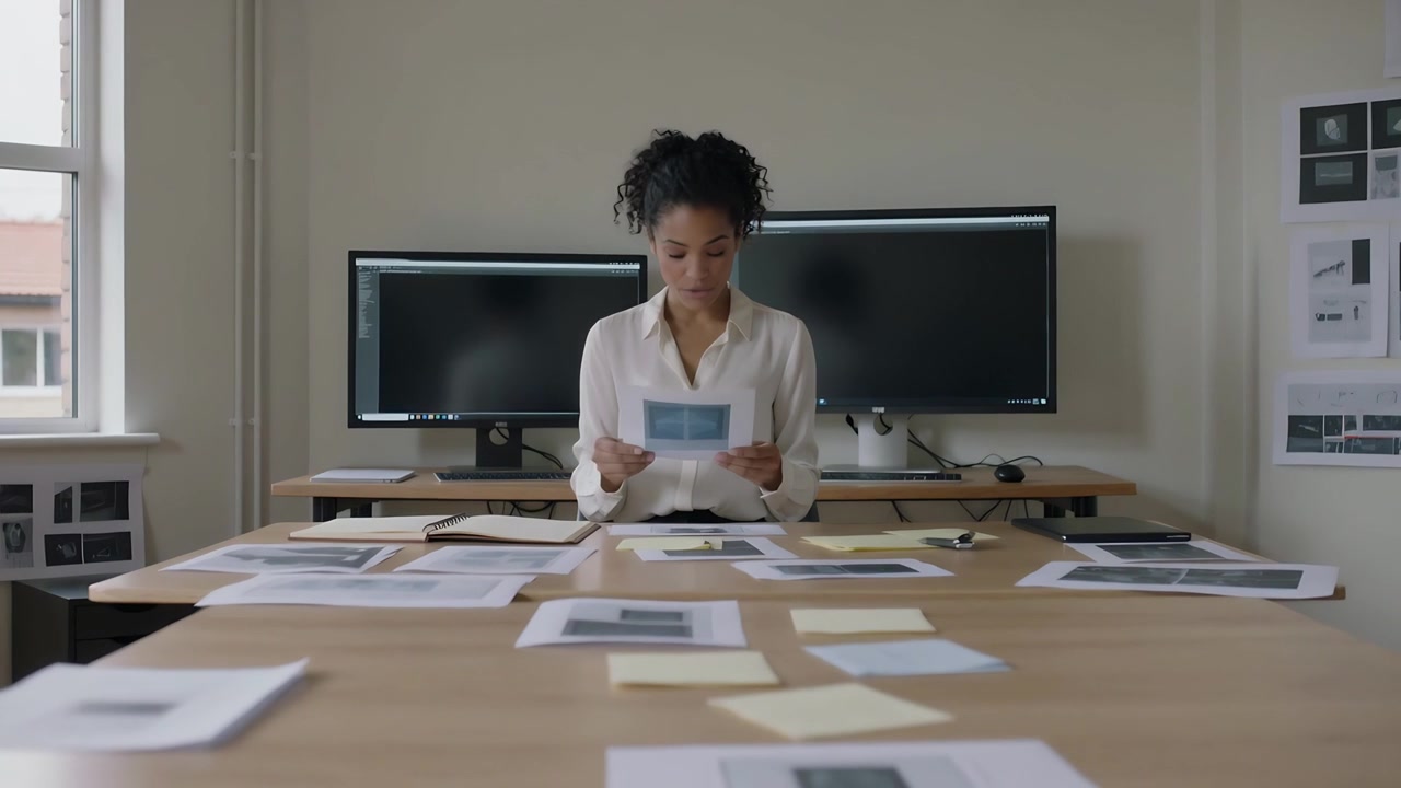 Picking up printout, woman in white blouse studying and sorting layouts at office table for review