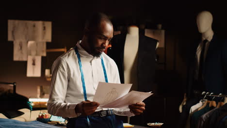 male tailor checking sketches in atelier