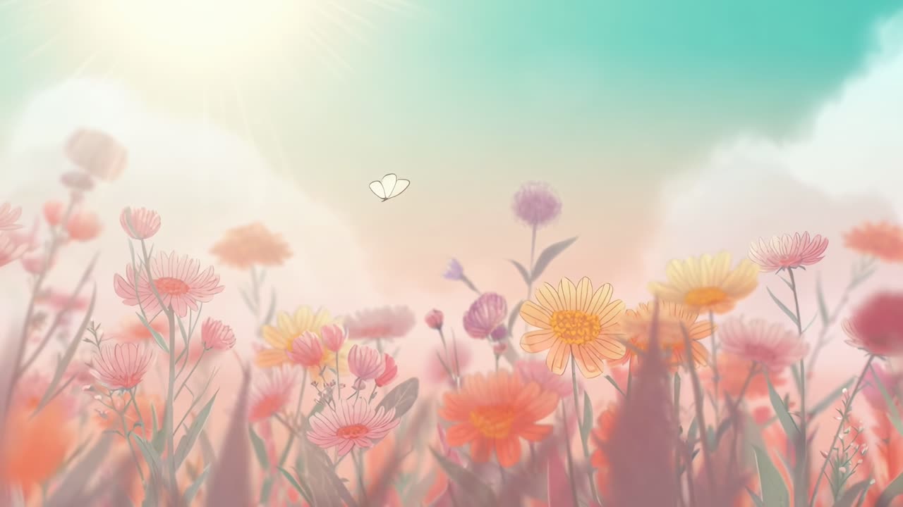 Dreamy low-angle video of a vibrant flower field under a soft, sunlit sky