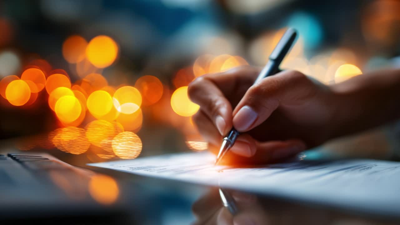 A Close-Up View of a Hand Beautifully Writing with a Pen on Paper, Set Against a Soft, Glowing Background of Bokeh Lights to Create an Inviting Atmosphere for Creativity
