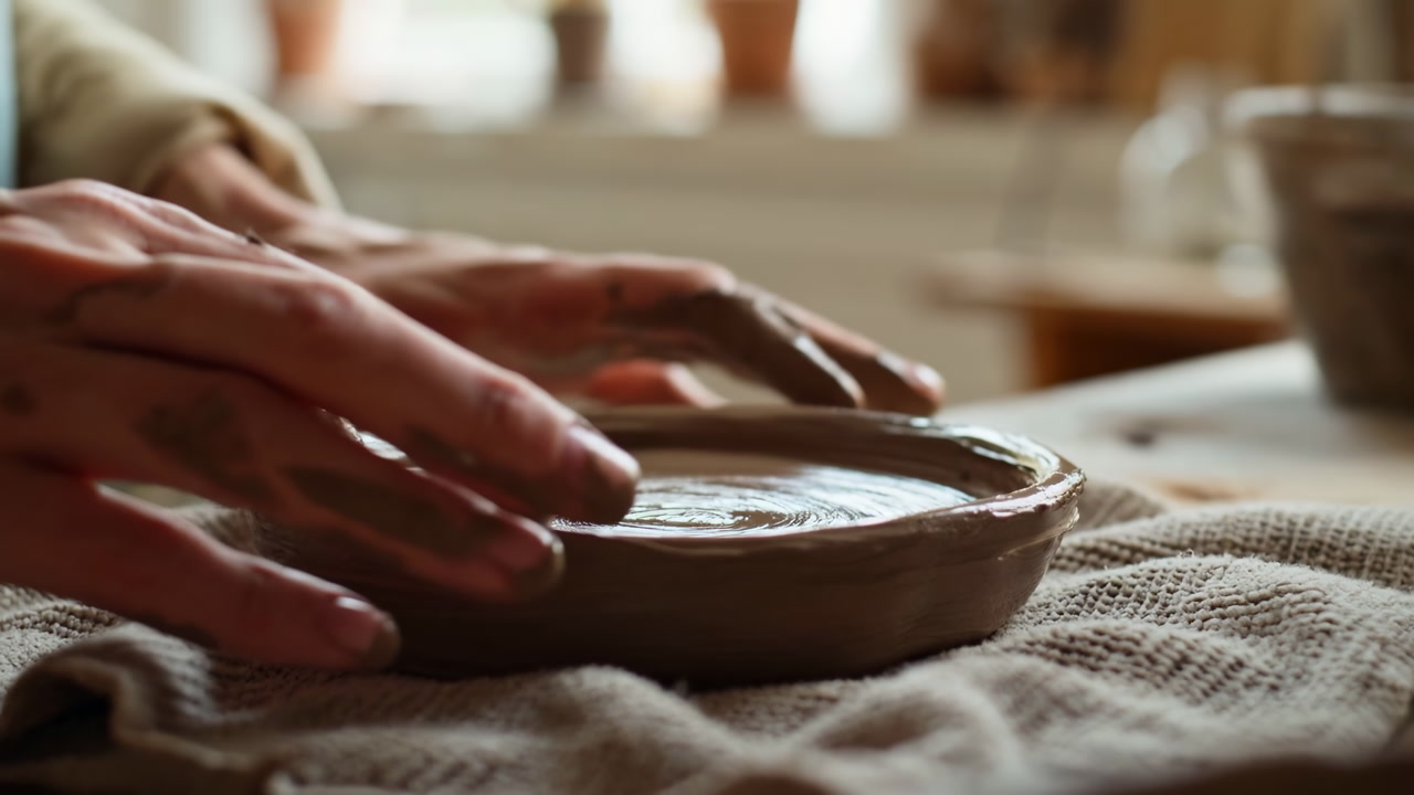 Closeup Hands Shaping Clay On Linen Cloth Under Soft Window Light, Artisan Trimming Bowl Rim, Slow Tactile