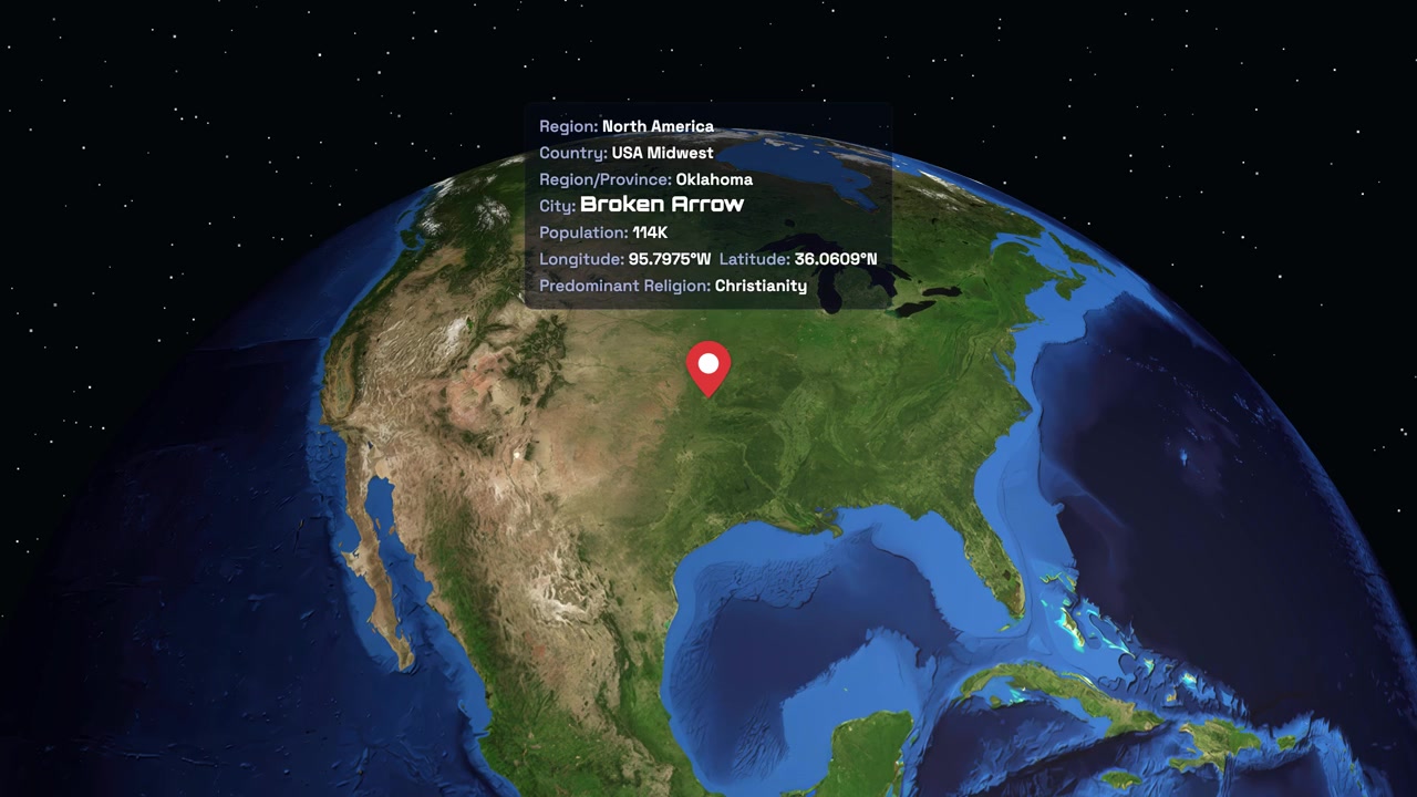 Globo digital gira y se acerca a Norteamérica, destacando Broken Arrow, Oklahoma, con texto informativo