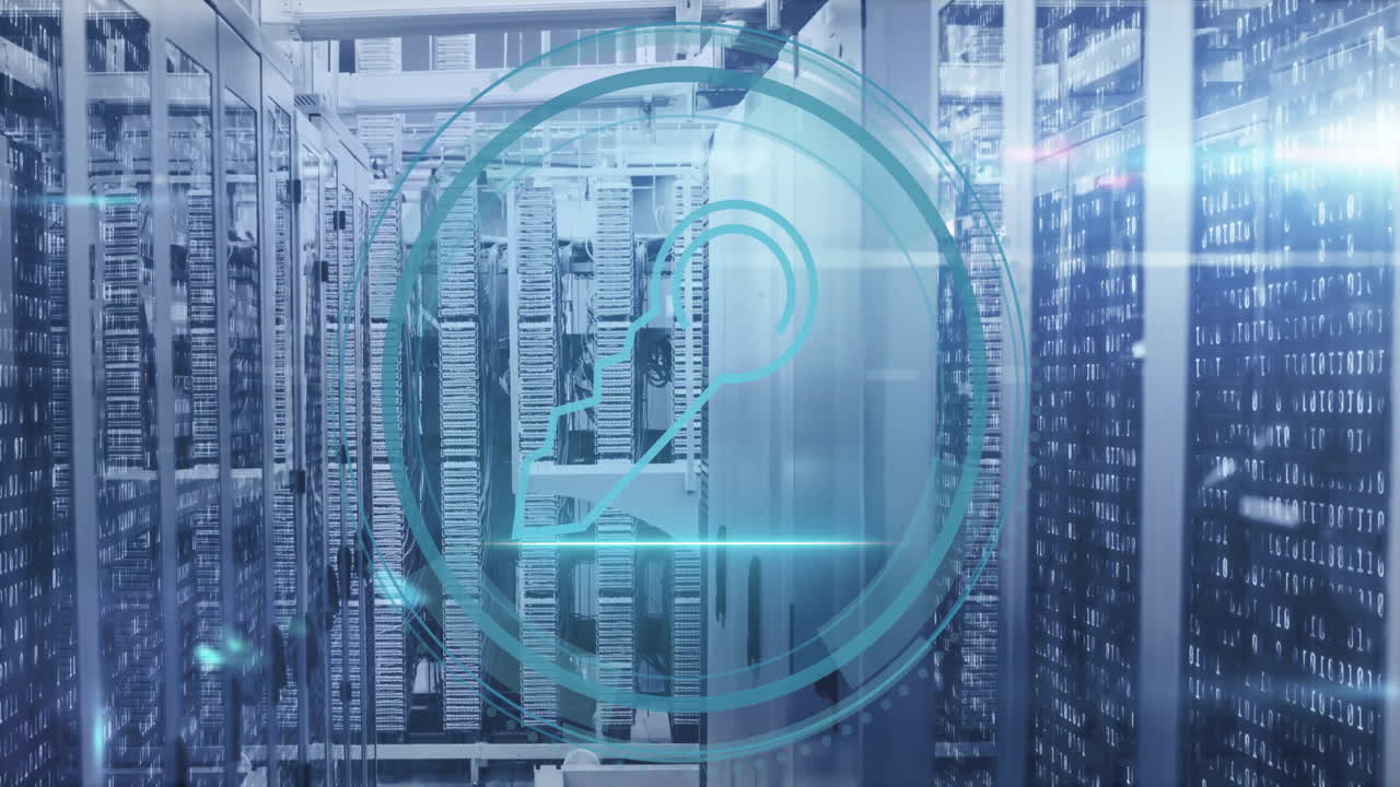 animación del icono clave y procesamiento de datos digitales a través de servidores informáticos