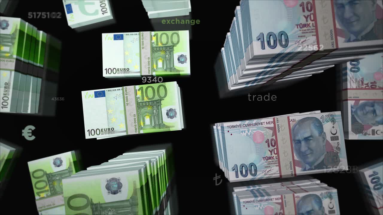 유로와 터키 리라 화폐 교환 루프 애니메이션