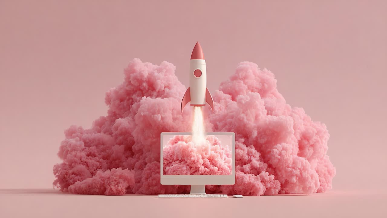 A whimsical scene featuring a vibrant pink rocket launching from a computer amidst fluffy pink clouds, symbolizing creativity, innovation, and digital exploration