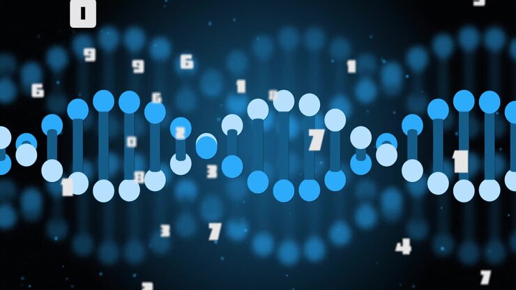 Animazione di un filamento di DNA su elaborazione di dati su sfondo nero