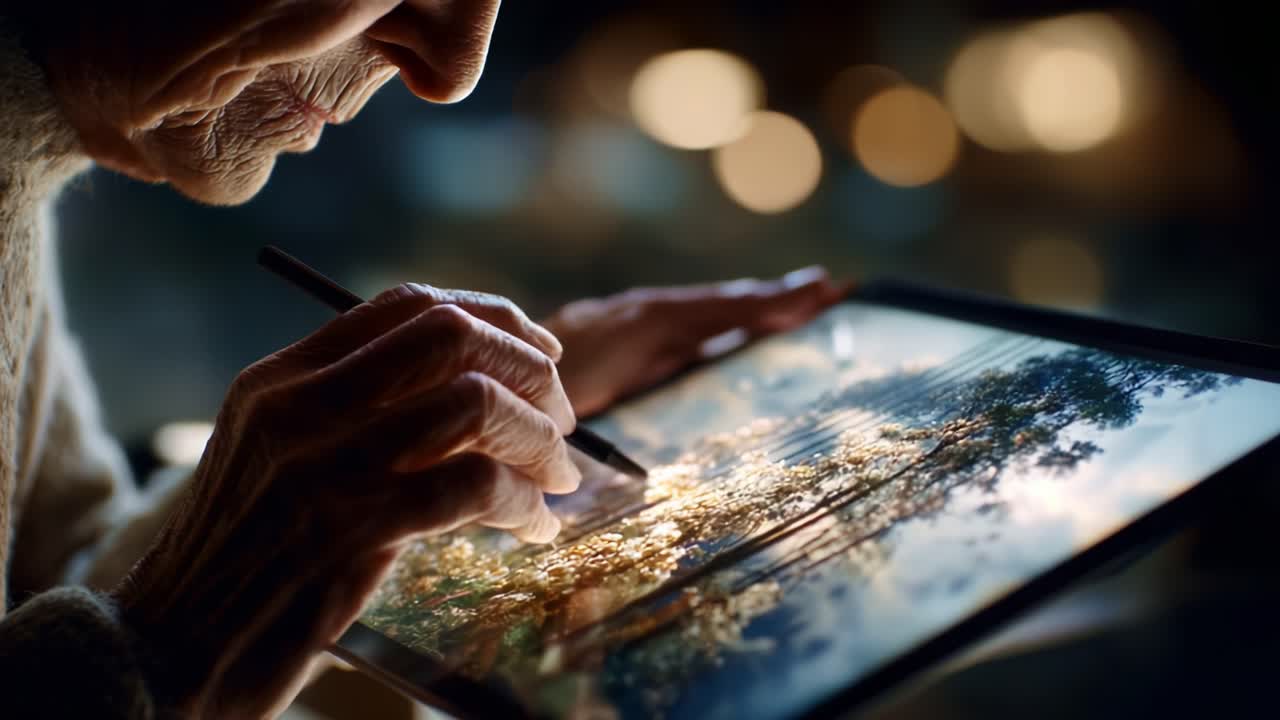 An Elderly Artist Captivated by Digital Painting: A Close-Up of Wrinkled Hands Skillfully Editing a Nature Scene on a Tablet With Soft Glimmering Lights in the Background